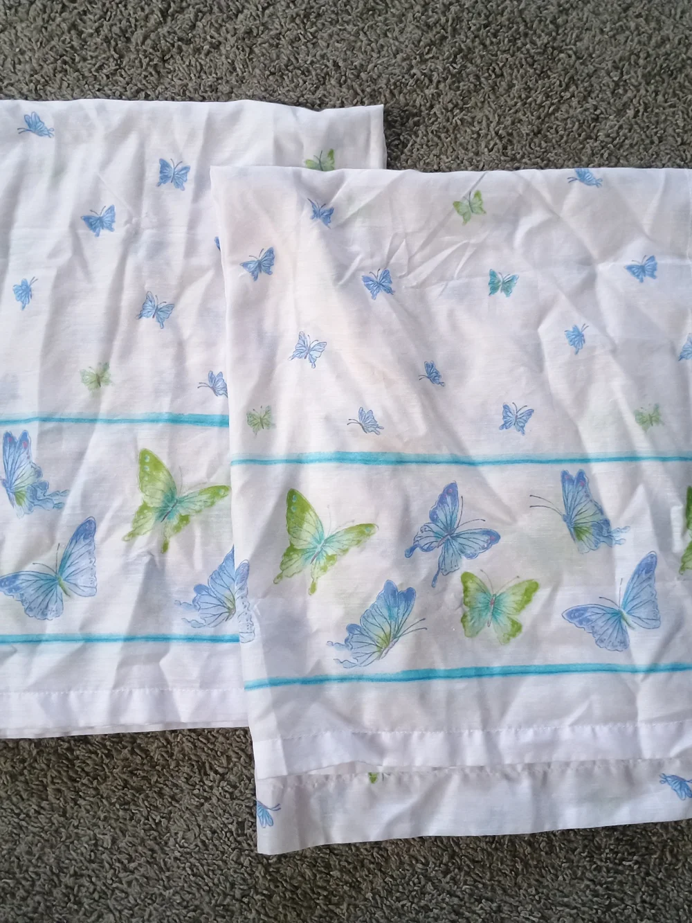 Butterfly-Print White Curtain Panel Pair with Blue & Green Accents